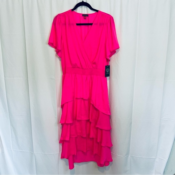 Vince Camuto Tiered NEON Pink Layered Flattering Midi Dress- Size Large NWT's - Picture 12 of 12